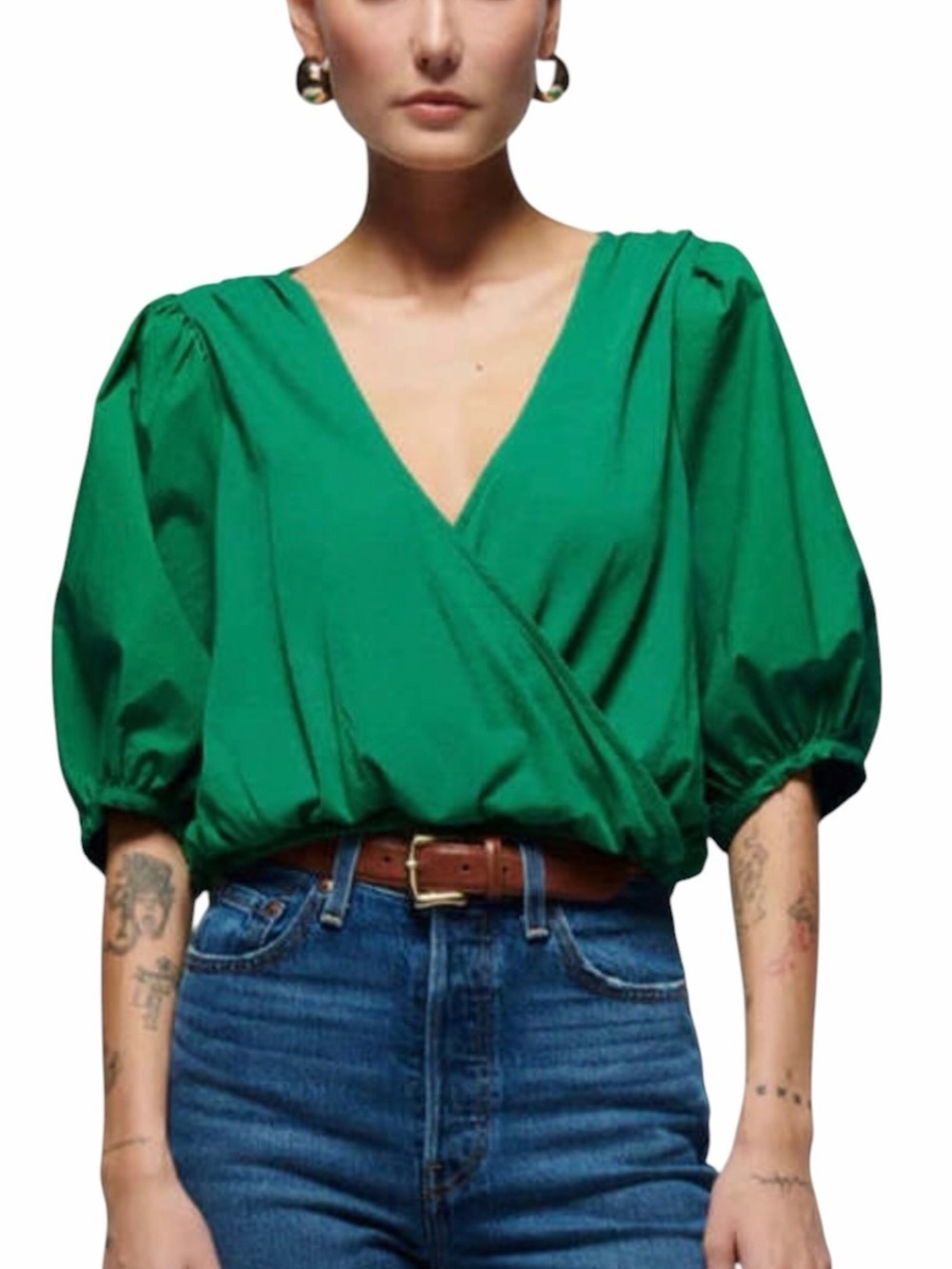 Nation LTD Emerald Green Puff-Sleeve Surplice Top
